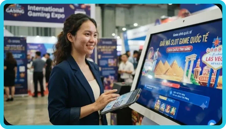 Phụ nữ tương tác với giao diện slot game holographic trong không gian lounge tương lai