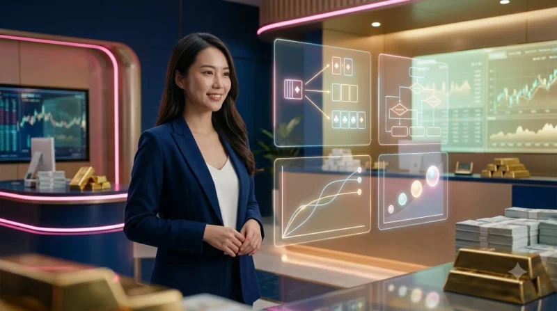 Cô gái thanh lịch hướng dẫn người mới làm quen với bàn chơi Baccarat online cao cấp