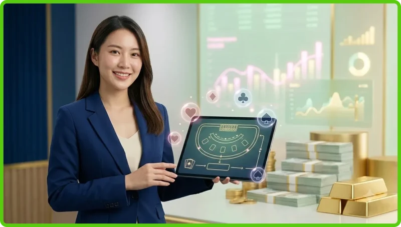 Cô gái thanh lịch hướng dẫn người mới làm quen với bàn chơi Baccarat online cao cấp