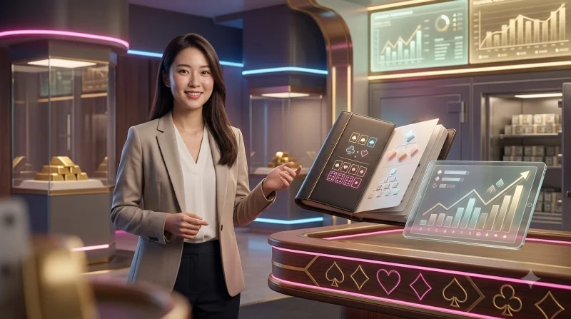 Hai tay bài được chia trên bàn casino xanh với chip vàng thể hiện cách tính điểm Baccarat