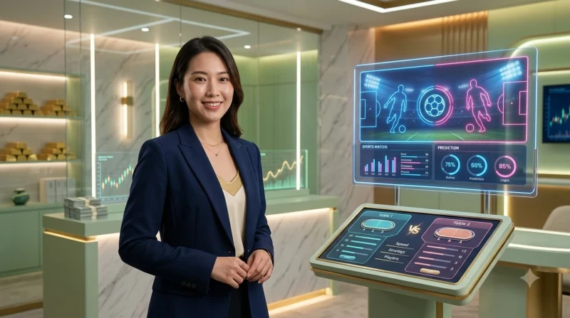 Người chơi nữ đặt cược chip vàng tại bàn Baccarat cao cấp với ba khu vực cược được làm nổi bật